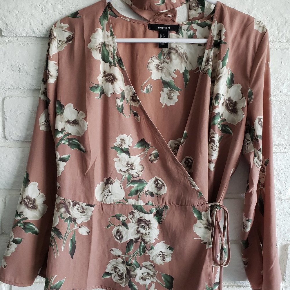 Floral Womens Choker Collar Wrap Front Blouse Sz Small